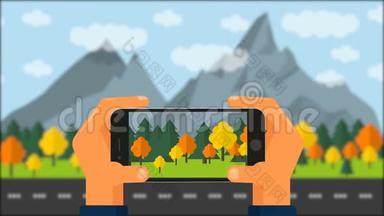 用手机动画。 图片景观，森林山脉